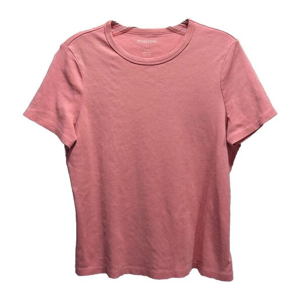 Pendleton‎ Pink Ribbed Short Sleeve T-Shirt Size Large Cotton Soft Semi-Crop - Picture 1 of 5
